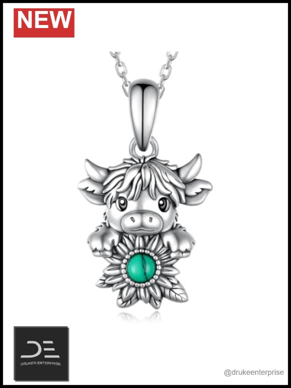 Sterling Silver Highland Cow Pendant Necklace for Women, Sunflower Turquoise